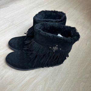Tory Burch Collins Fringe fur lined Suede Bootie Black - Size 10